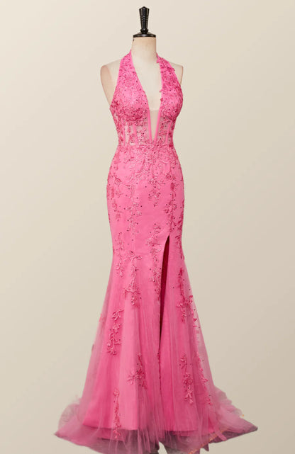 Halter Hot Pink Lace Mermaid Prom Dress