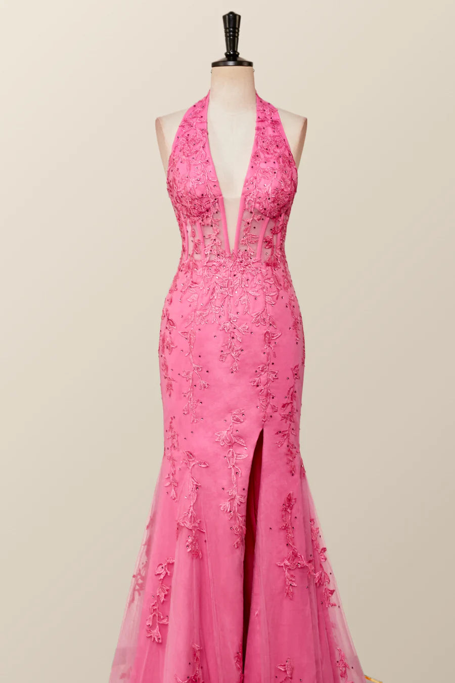 Halter Hot Pink Lace Mermaid Prom Dress