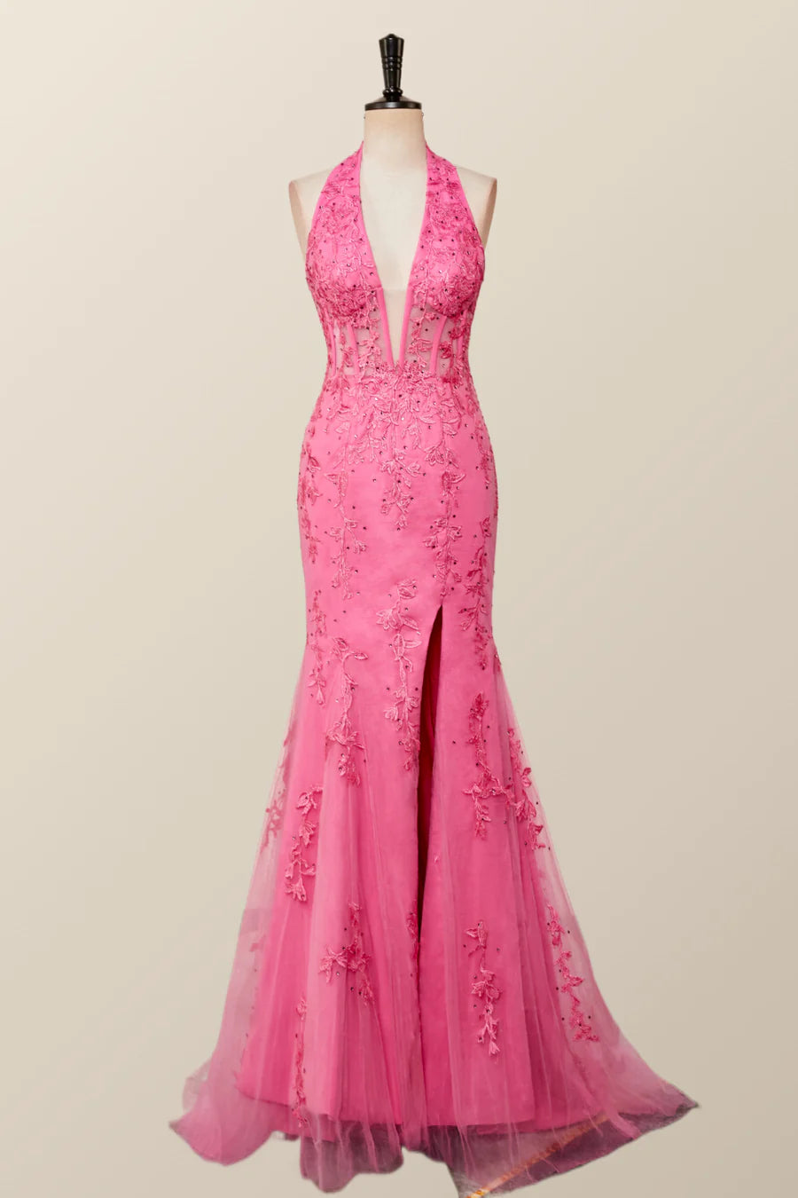 Halter Hot Pink Lace Mermaid Prom Dress