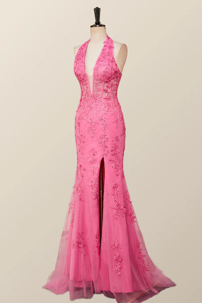 Halter Hot Pink Lace Mermaid Prom Dress