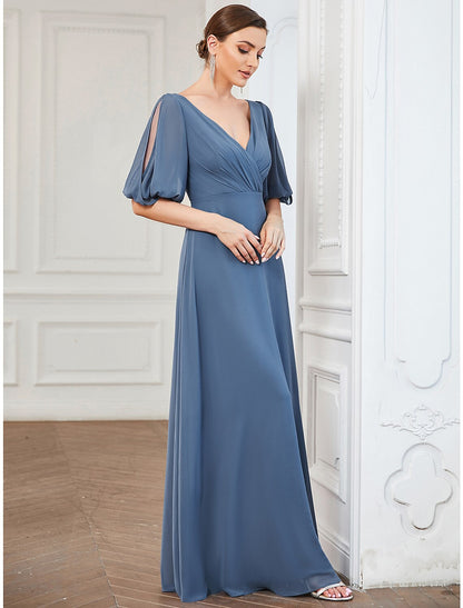 A-Line Evening Gown Minimalist Dress Wedding Guest Floor Length Half Sleeve V Neck Chiffon with Pleats