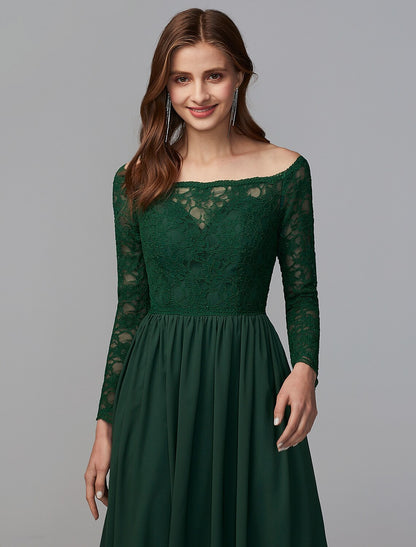 A-Line Bridesmaid Dress Off Shoulder Long Sleeve Elegant Floor Length Chce wiiffon / Lath Lace