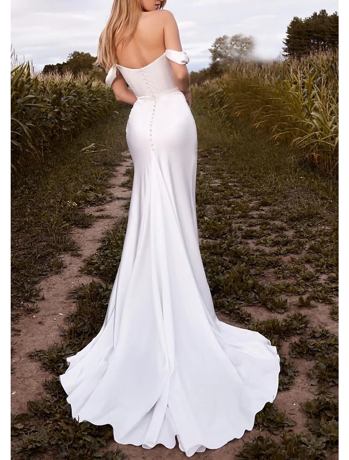 Boho Wedding Dresses Mermaid Off Shoulder Sleeveless Sweep Train Stretch Fabric Bridal Gowns with Split Ruched Summer Wedding Party Women's Clothing