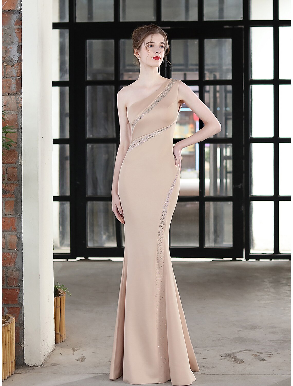 Mermaid / Trumpet Evening Gown Sexy Dress Wedding Guest Formal Evening Floor Length Sleeveless One Shoulder Stretch Satin with Crystals