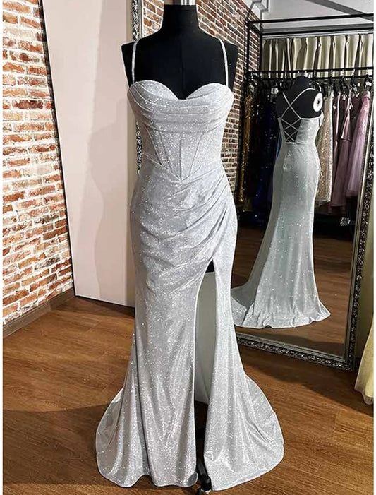 Sheath / Column Prom Dresses Corsets Dress Wedding Party Sweep / Brush Train Sleeveless Cowl Neck Fall Wedding Reception Sequined with Glitter Ruched Slit