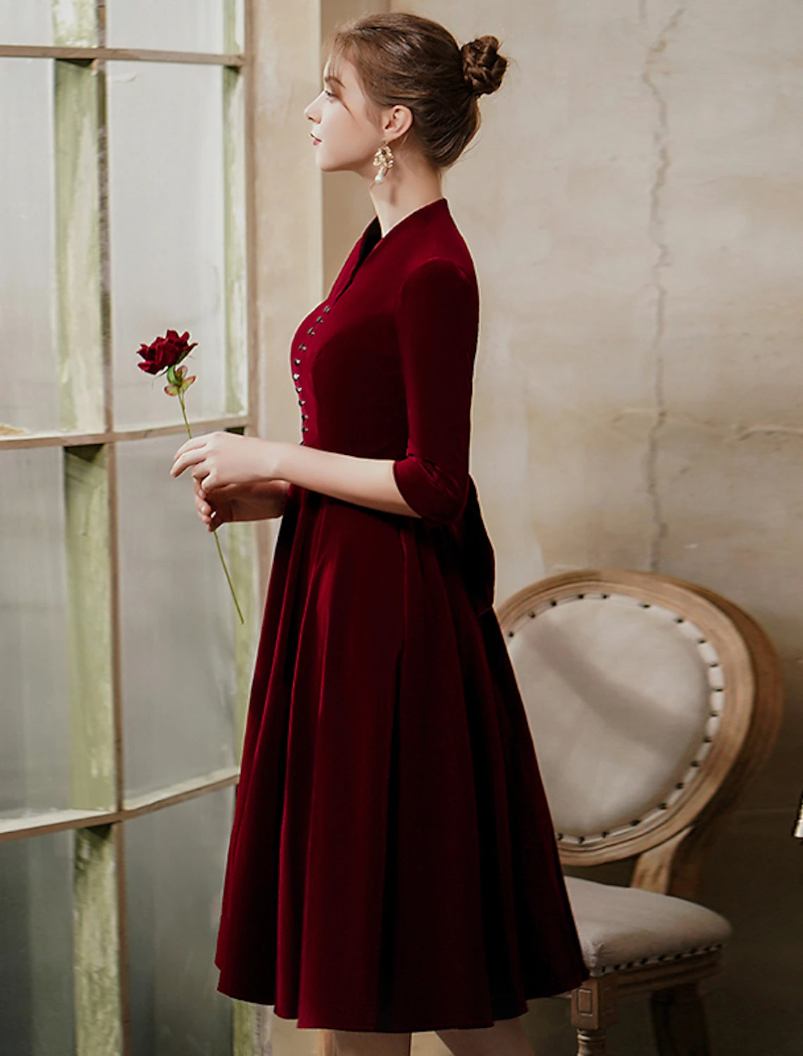 A-Line Minimalist Vintage Party Wear Cocktail Party Dress V Neck Half Sleeve Tea Length Velvet with Sleek