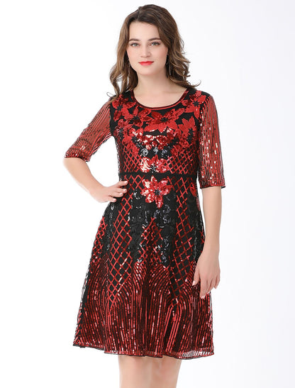 A-Line Cocktail Dresses Vintage Dress Holiday Knee Length Half Sleeve Jewel Neck Cotton Blend with Sequin Splicing