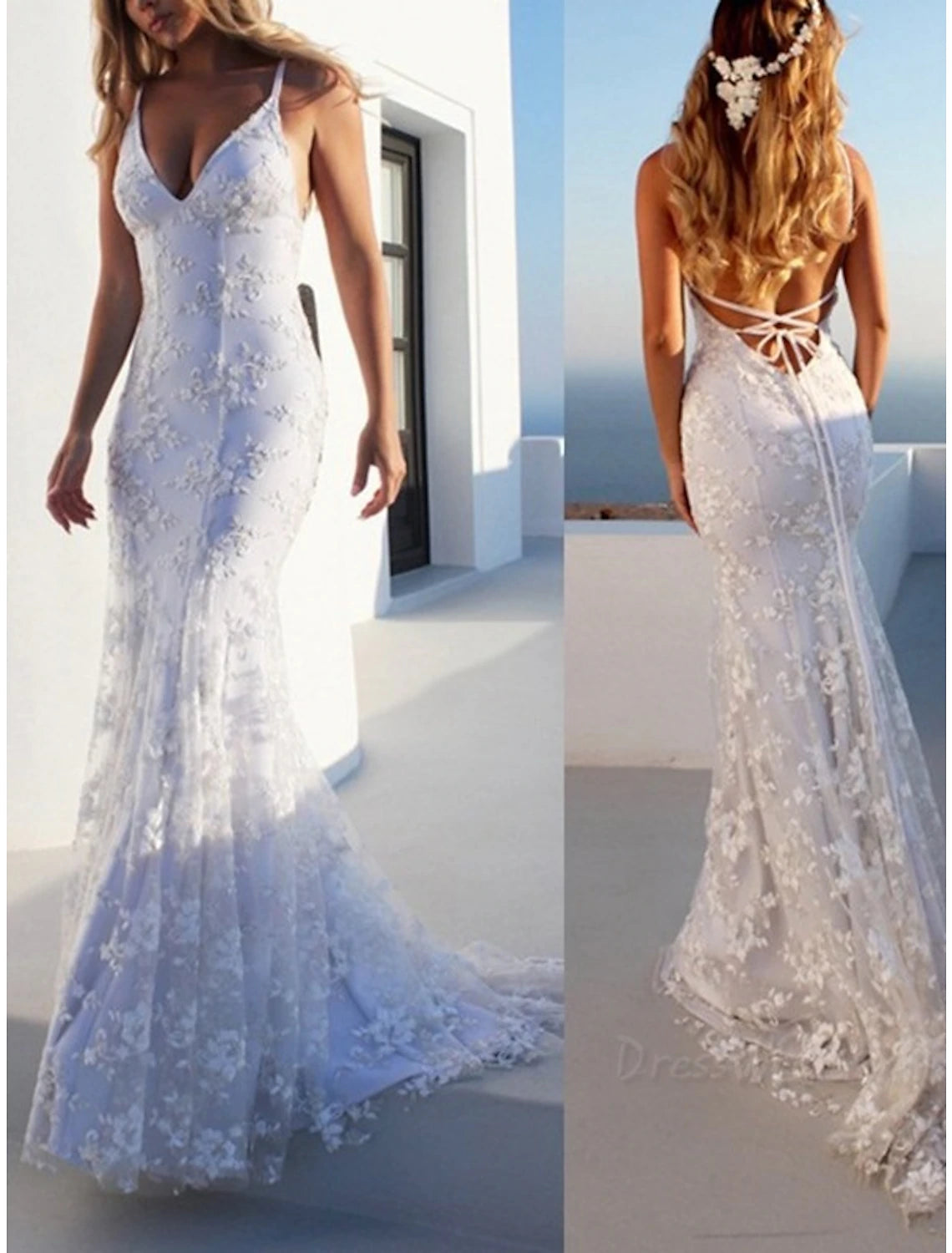 Beach Open Back Boho Wedding Dresses Mermaid / Trumpet Sweetheart Camisole Spaghetti Strap Sweep / Brush Train Lace Bridal Gowns With Appliques Summer Wedding Party