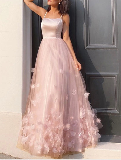 A-Line Prom Dresses Floral Dress Performance Floor Length Sleeveless Spaghetti Strap Tulle with Pleats Appliques