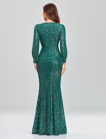 Mermaid / Trumpet Evening Gown Sparkle Dress Party Wear Floor Length Long Sleeve V Neck Sequined with Sequin