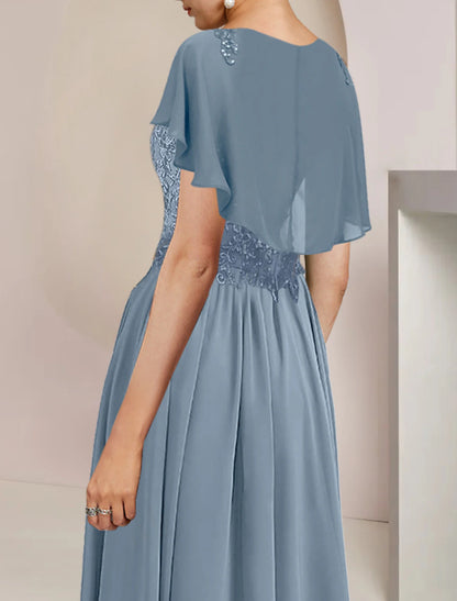 A-Line Mother of the Bride Dress Elegant Scoop Neck Tea Length Chiffon Lace Sleeveless with Beading Appliques