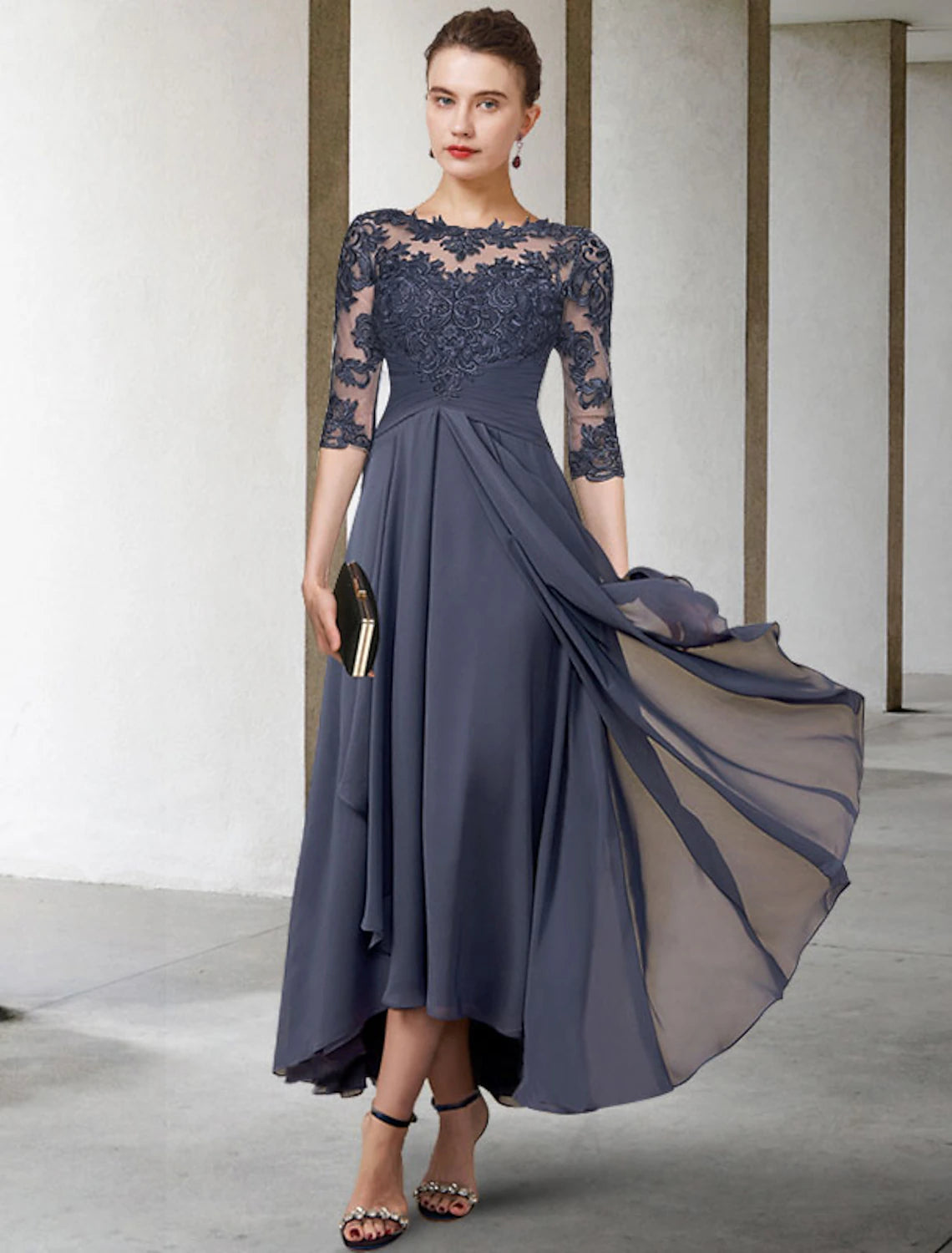 A-Line Mother of the Bride Dress Fall Wedding Guest Plus Size Elegant High Low Jewel Neck Asymmetrical Tea Length Chiffon Lace Half Sleeve with Ruched Appliques 2023