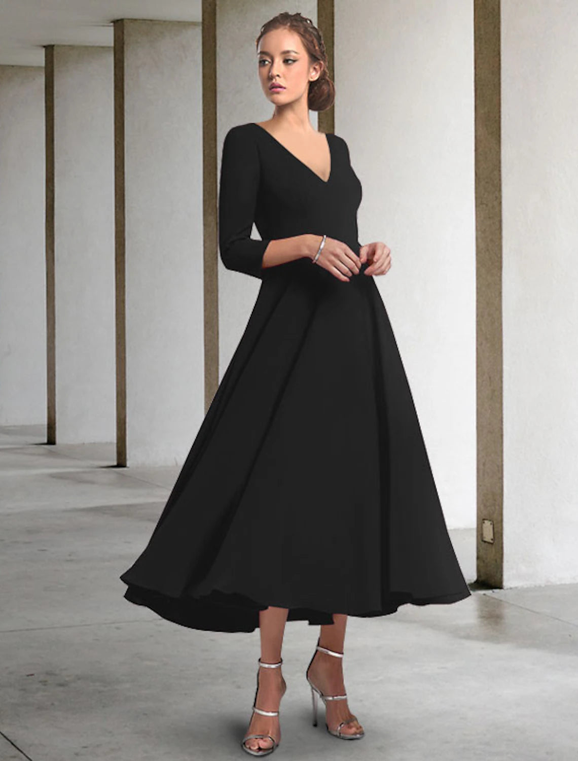 A-Line Mother of the Bride Dress Elegant V Neck Tea Length Chiffon 3/4 Length Sleeve with Pleats