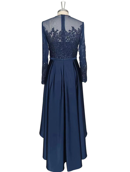 A-Line Cocktail Dresses Elegant Dress Party Wear Wedding Party Asymmetrical Long Sleeve Jewel Neck Satin with Crystals Appliques