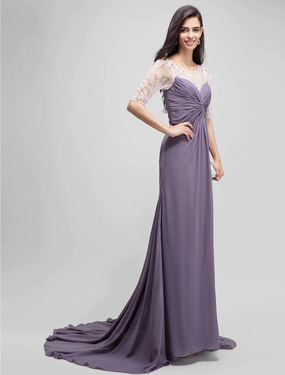 A-Line Mother of the Bride Dress Elegant Scoop Neck Floor Length Chiffon Half Sleeve No with Criss Cross Beading