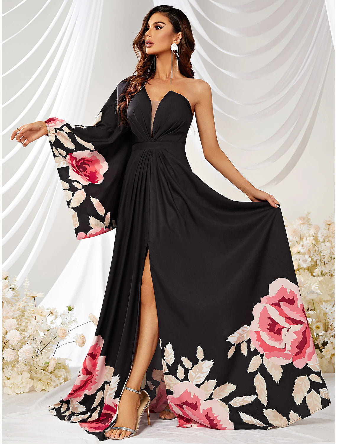 A-Line Wedding Guest Dresses Floral Dress Formal Evening Party Court Train Long Sleeve One Shoulder Chiffon with Slit Print