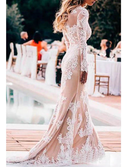 Beach Wedding Dresses in Color Boho Wedding Dresses Mermaid / Trumpet Scoop Neck Long Sleeve Court Train Lace Bridal Gowns With Appliques