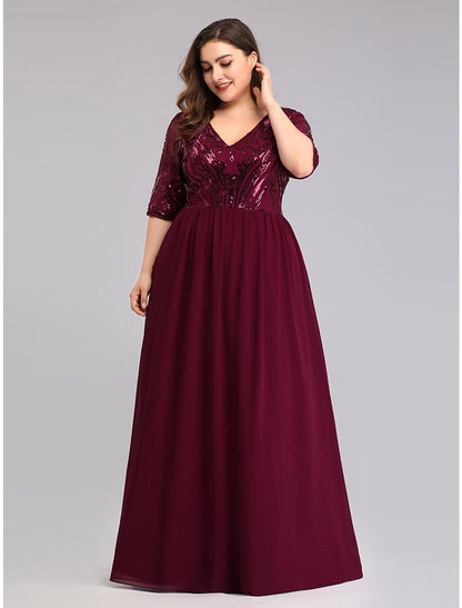 A-Line Prom Dresses Plus Size Dress Wedding Guest Prom Floor Length Half Sleeve Plunging Neck Chiffon with