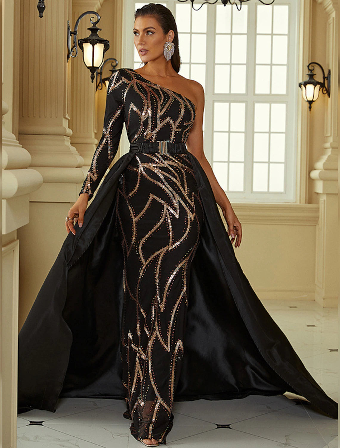 Mermaid / Trumpet Evening Gown Sexy Dress Formal Court Train Long Sleeve One Shoulder Polyester with Sequin