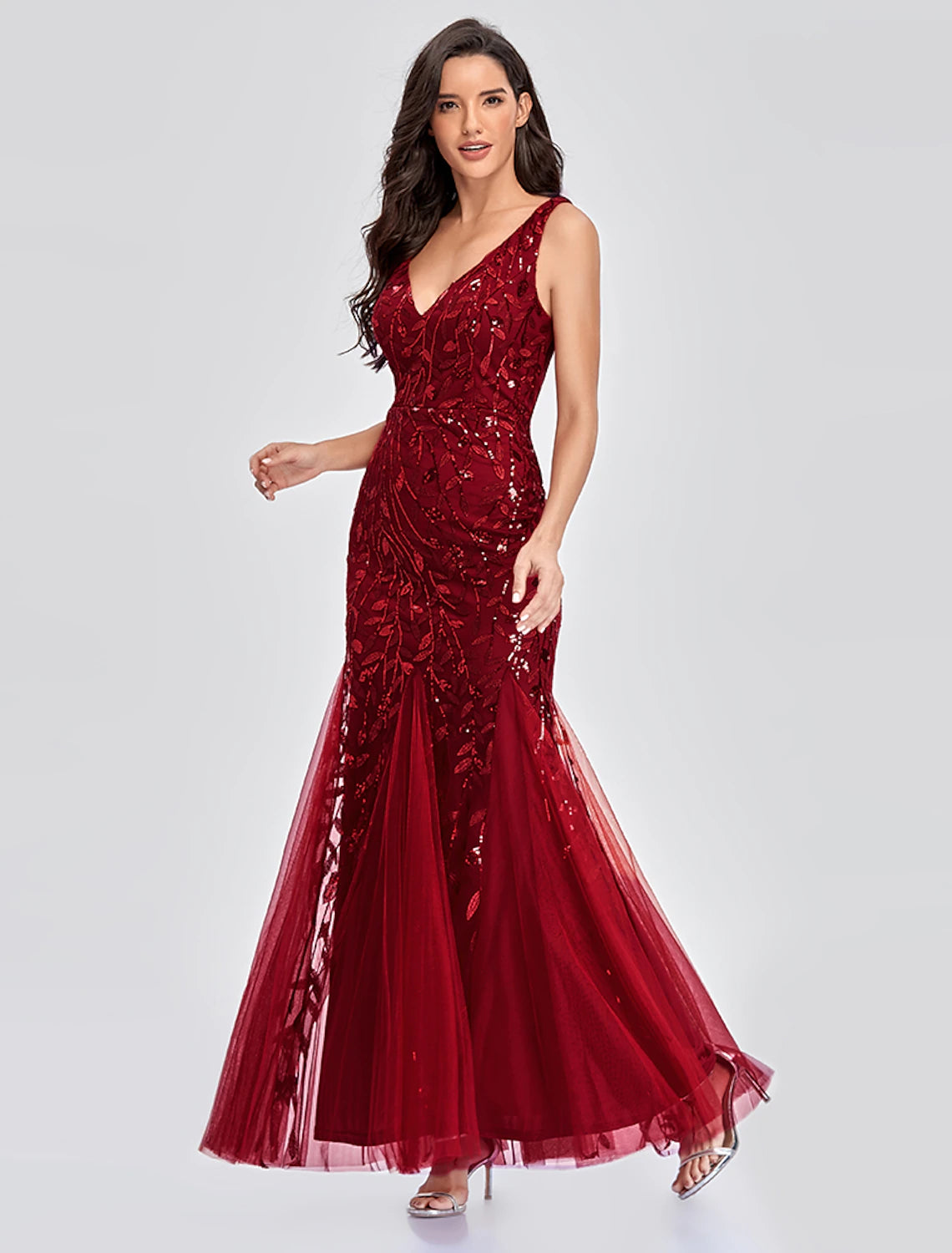 Mermaid / Trumpet Empire Elegant Party Wear Formal Evening Valentine's Day Dress V Neck V Back Sleeveless Floor Length Tulle with Embroidery