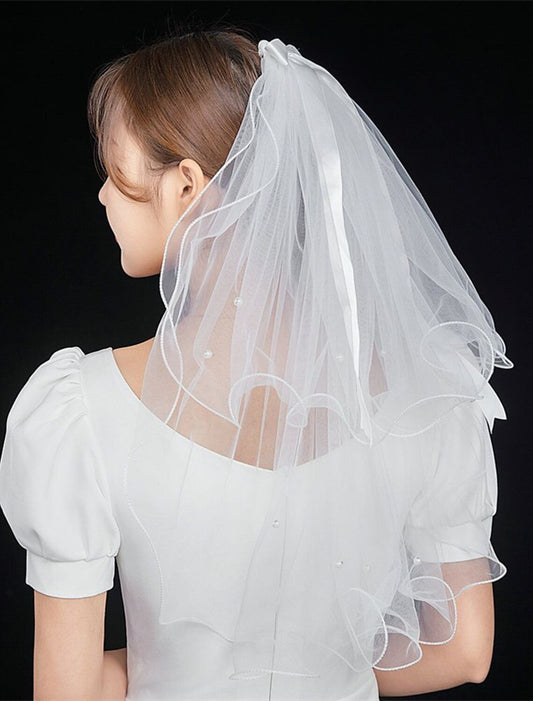 Two-tier Personalized / Pearls Wedding Veil Elbow Veils with Faux Pearl / Satin Bow Tulle