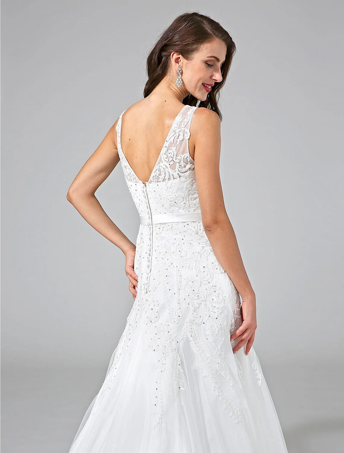 Gorgeous Wedding Dresses With Train A Line V Neck Long Sleeves Backless Lace Bridal Gown main image 0