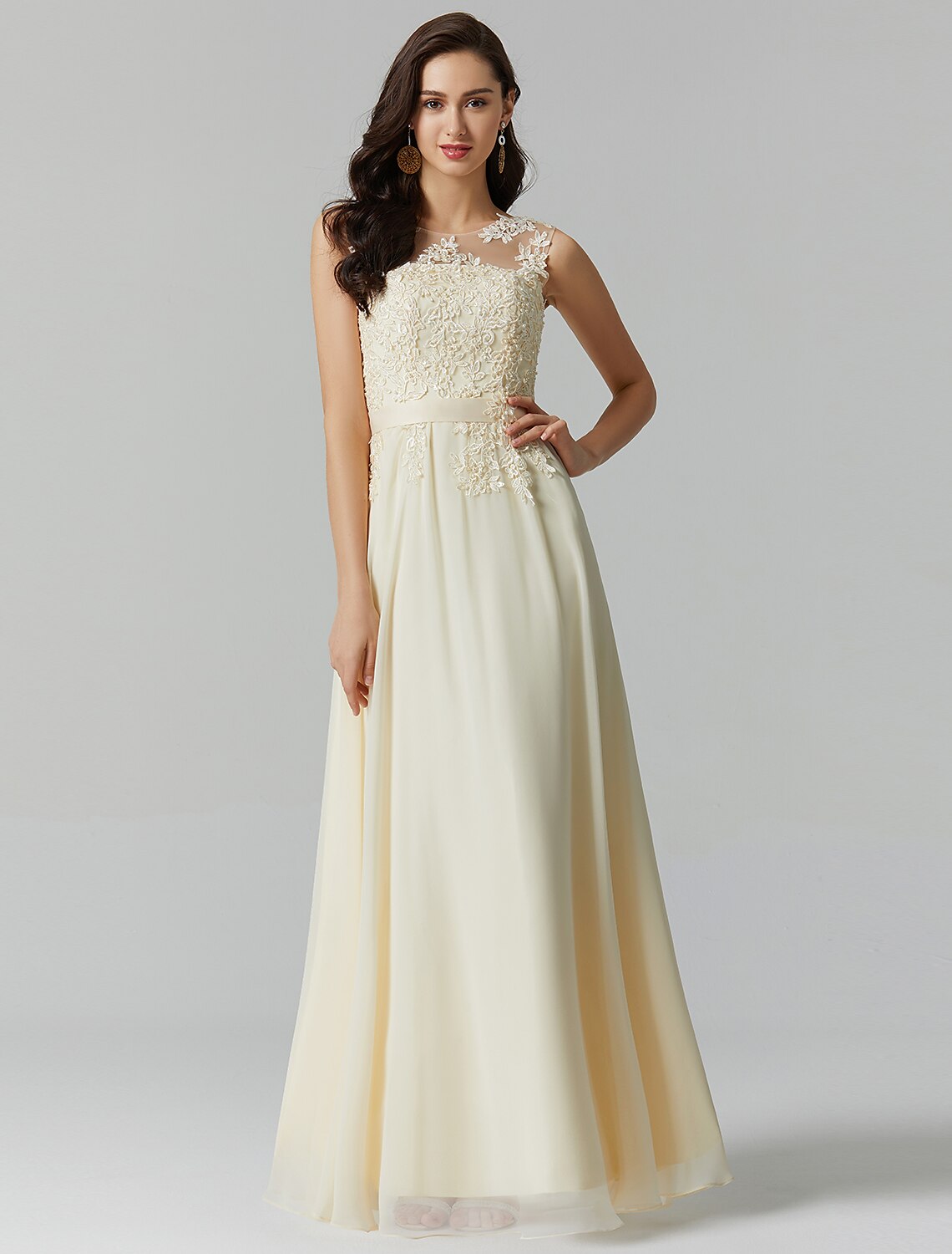 A-Line Bridesmaid Dress Jewel Neck Sleeveless Elegant Floor Length Chiffon / Lace with Appliques