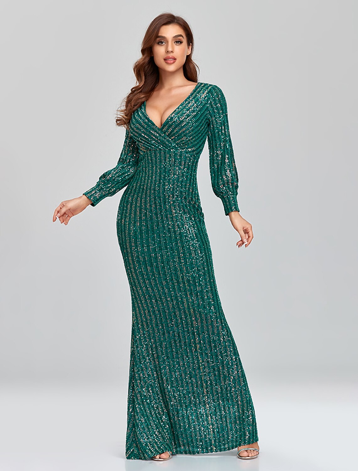 Mermaid / Trumpet Evening Gown Sparkle Dress Party Wear Floor Length Long Sleeve V Neck Sequined with Sequin