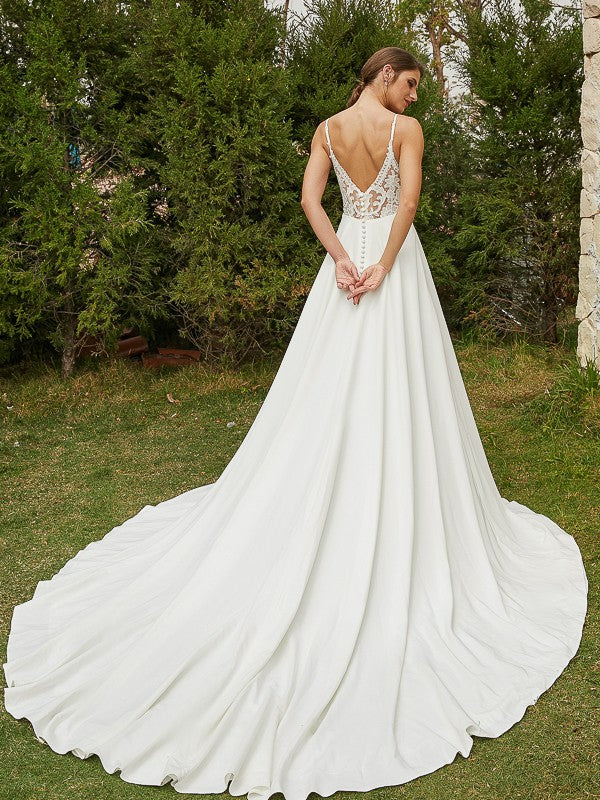 A-Line/Princess Stretch Crepe Lace V-neck Sleeveless Cathedral Train Wedding Dresses