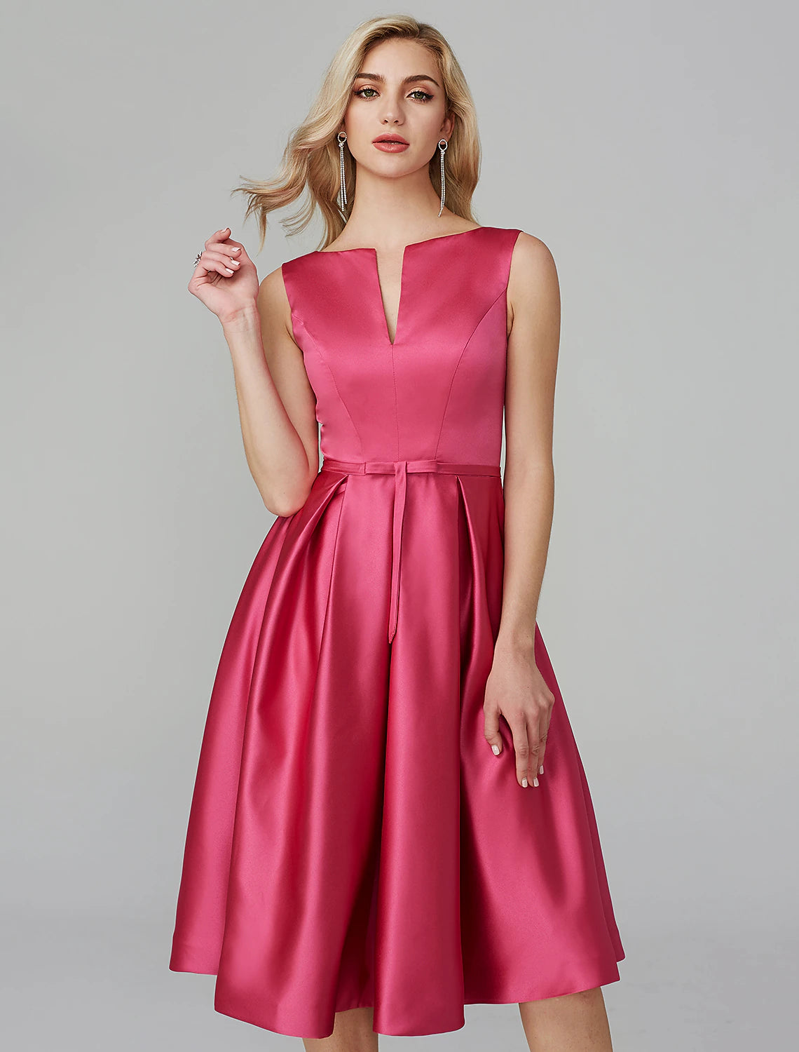 A-Line Party Dress Wedding Guest Knee Length Sleeveless V Wire Pink Dress Satin with Sash / Ribbon