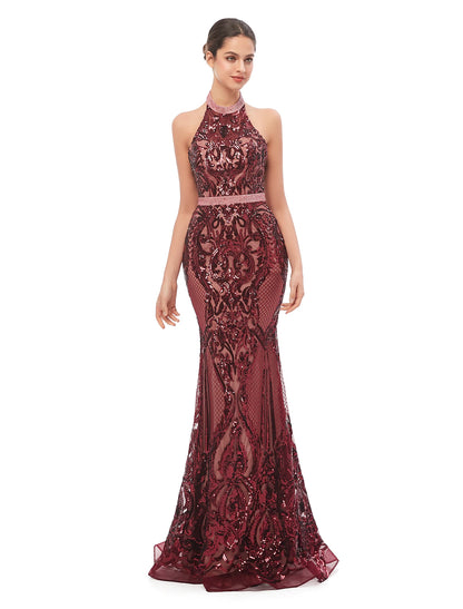 Mermaid / Trumpet Evening Gown Beautiful Back Dress Prom Floor Length Sleeveless Halter Sequined with Sequin