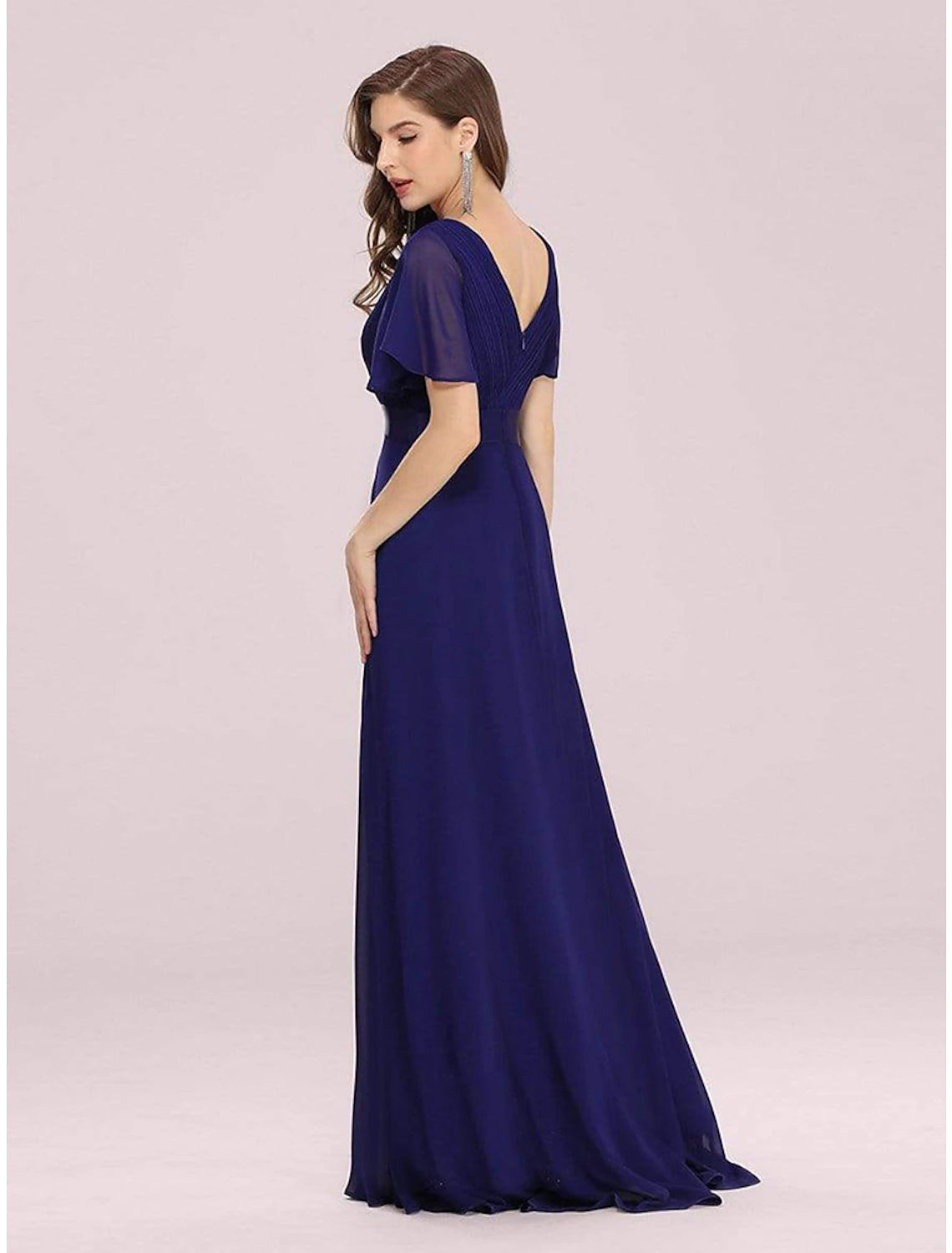 A-Line Evening Gown Empire Dress Wedding Guest Floor Length Short Sleeve V Neck Chiffon V Back with Ruffles Pure Color