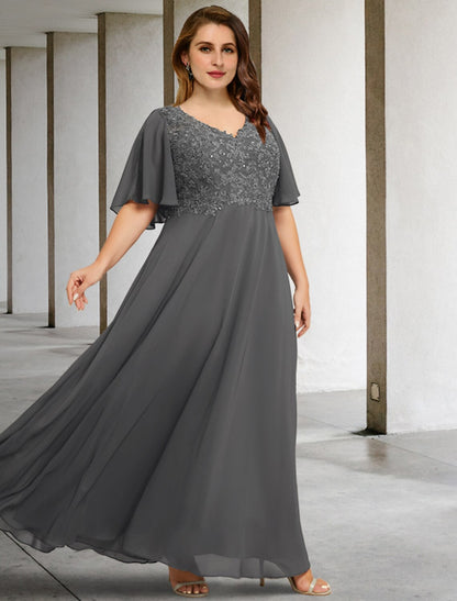 A-Line Mother of the Bride Dresses Plus Size Hide Belly Curve Elegant Dress Formal Floor Length Short Sleeve V Neck Chiffon with Pleats Appliques