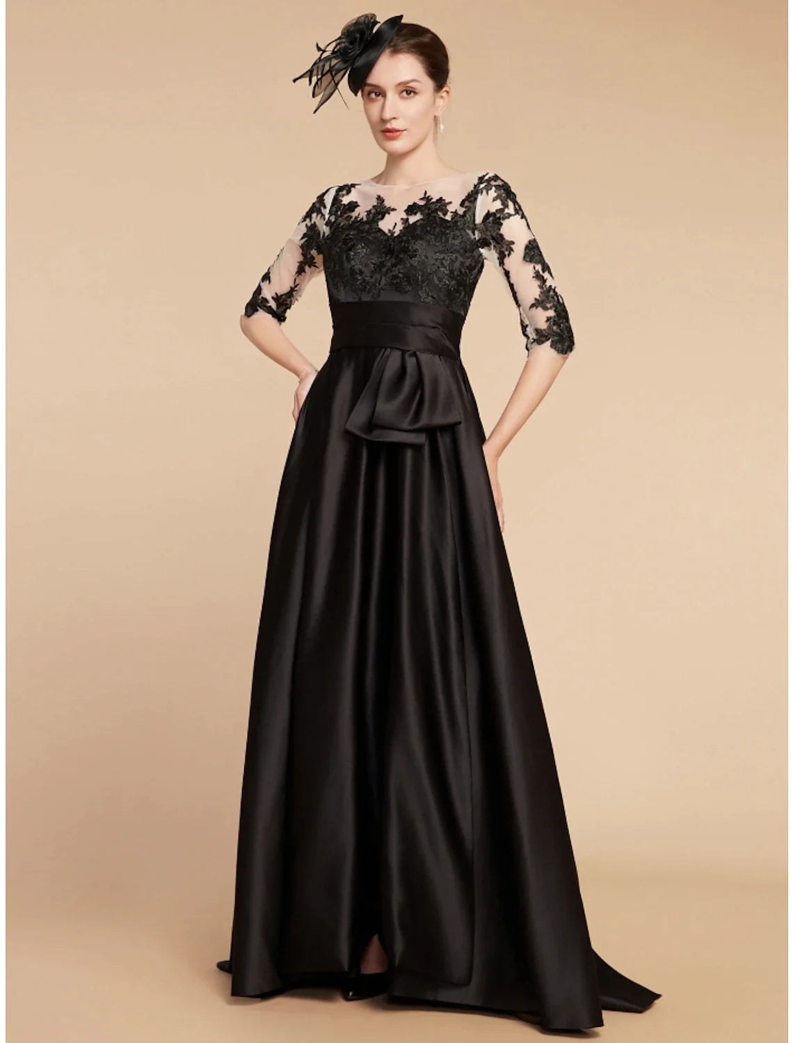 A-Line Mother of the Bride Dress Wedding Guest Elegant Party Jewel Neck Sweep / Brush Train Satin Lace Half Sleeve with Split Front Ruching Solid Color