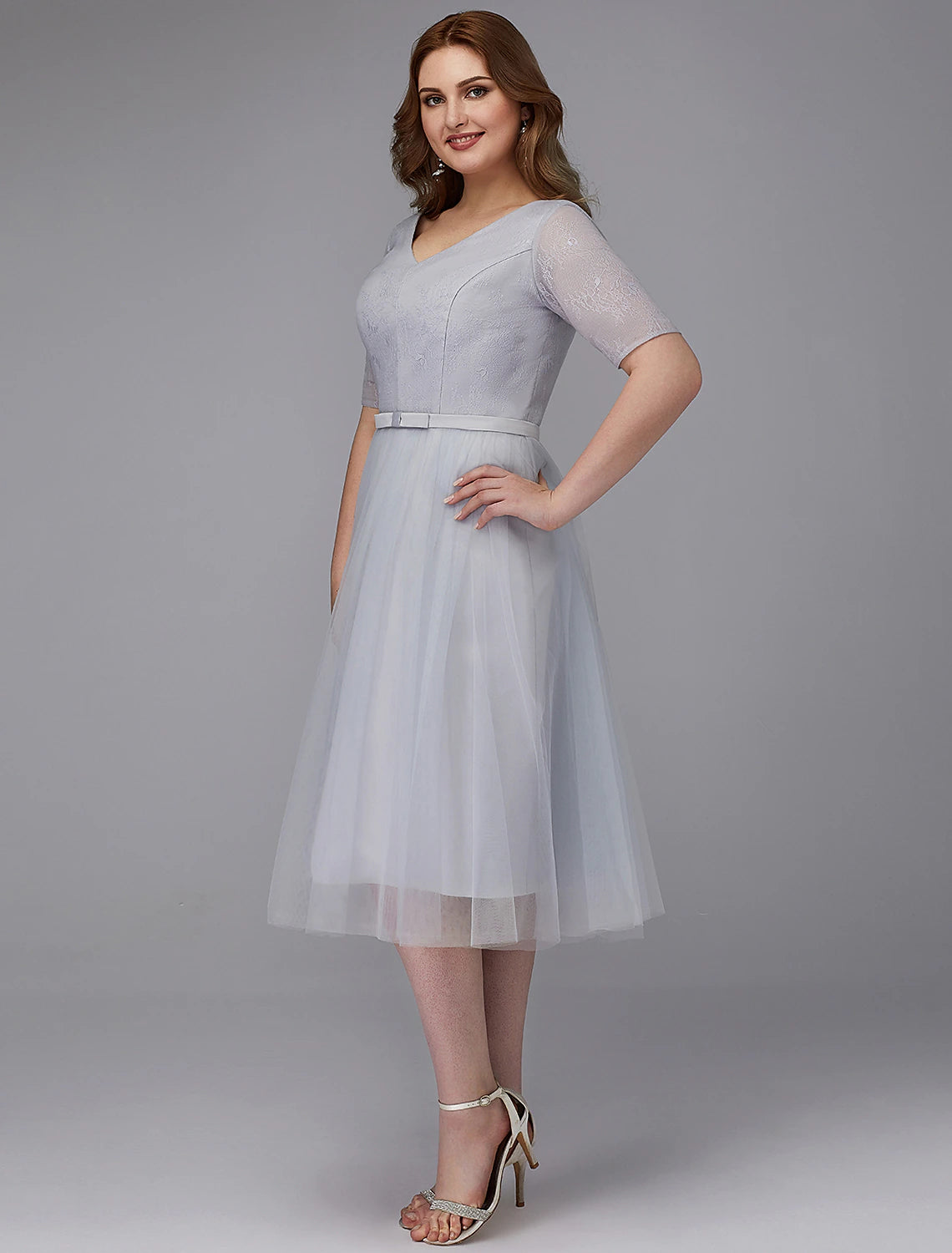 A-Line Elegant Dress Wedding Guest Cocktail Party Tea Length Short Sleeve V Neck Lace Lace-up with Sash / Ribbon