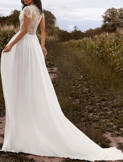 Beach Open Back Wedding Dresses A-Line V Neck Cap Sleeve Court Train Chiffon Bridal Gowns With Pleats