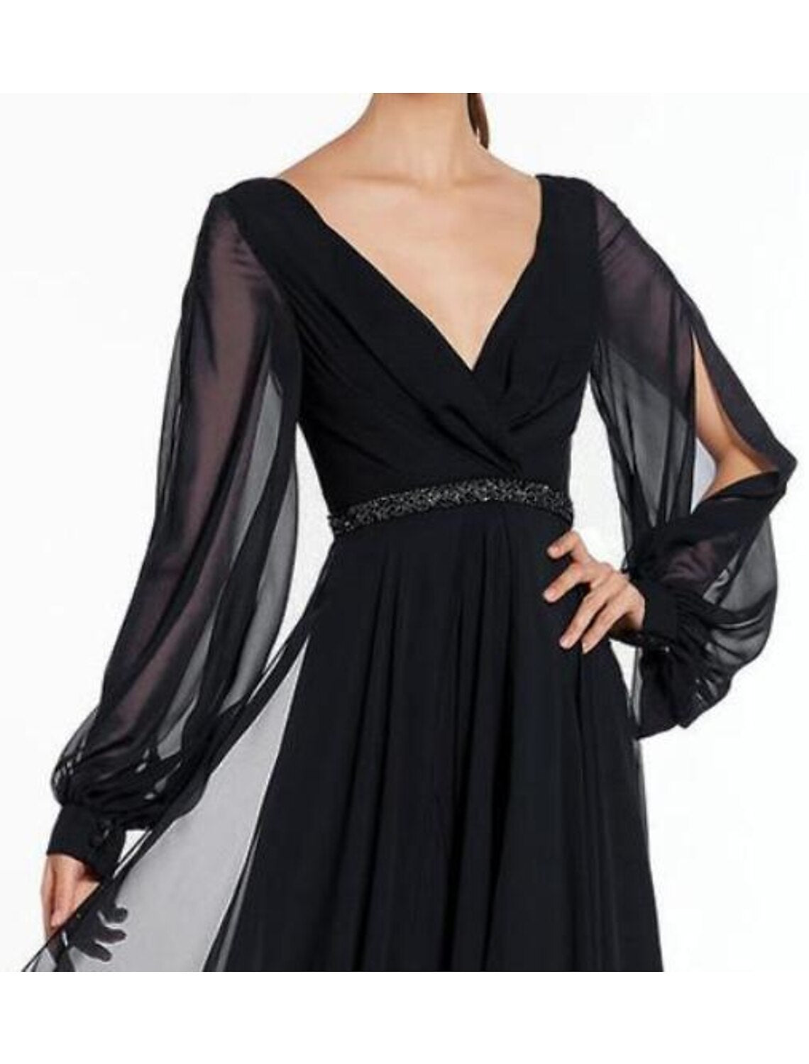 A-Line Evening Gown Empire Dress Holiday Formal Evening Floor Length Long Sleeve V Neck Chiffon V Back with Beading