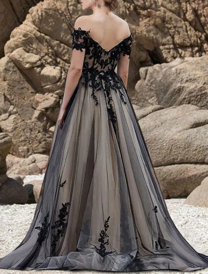 Black Wedding Dresses Formal Fall A-Line Off Shoulder Short Sleeve Sweep / Brush Train Lace Tulle Gothic Halloween Engagement Bridal Gowns With Bow(s) Appliques