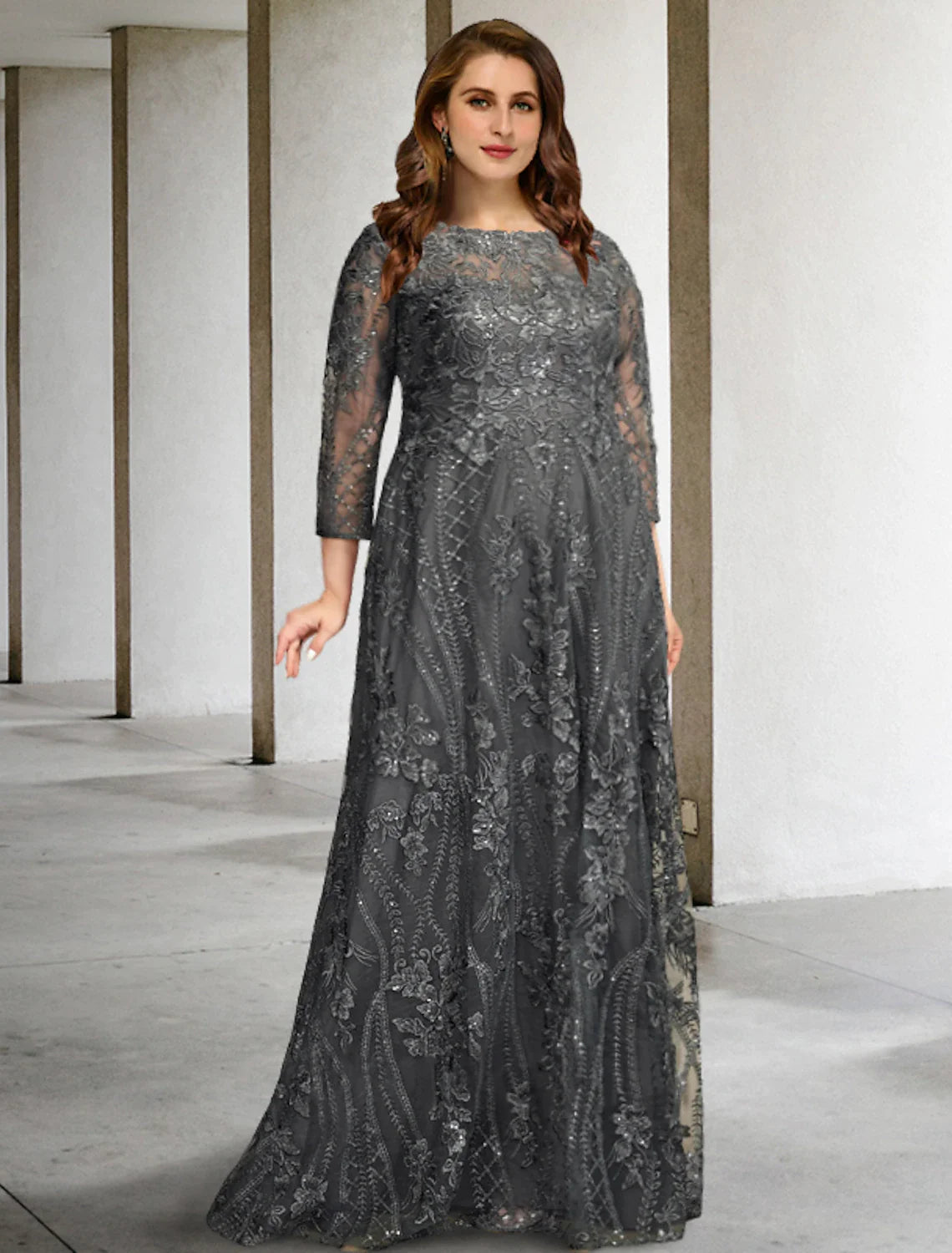 A-Line Plus Size Curve Mother of the Bride Dresses Elegant Dress Formal Sweep / Brush Train Long Sleeve Jewel Neck Chiffon with Appliques