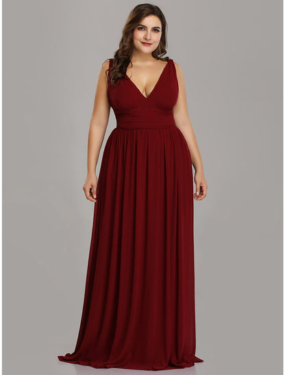 A-Line Plus Size Wedding Guest Formal Evening Dress V Neck V Back Sleeveless Floor Length Chiffon with Pleats