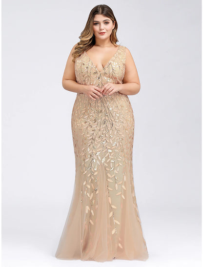 Mermaid / Trumpet Evening Gown Plus Size Dress Wedding Guest Floor Length Sleeveless V Neck Lace V Back with Appliques