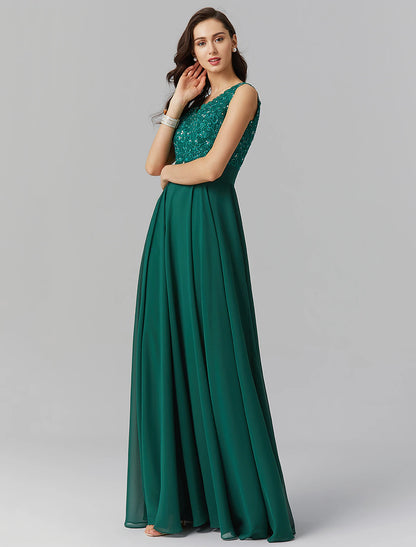 A-Line Elegant Dress Wedding Guest Formal Evening Floor Length Sleeveless V Neck Chiffon V Back with Sash / Ribbon Beading