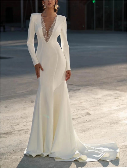 Elegant Mermaid Evening Dress for Women V Neck Long Sleeve Sweep Train Side Slit Pleated Wedding Party Formal Dress Y4957