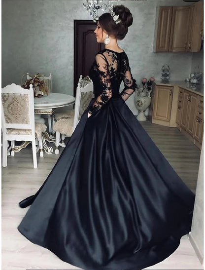 Ball Gown Evening Gown Princess Dress Prom Floor Length Long Sleeve Jewel Neck Wednesday Addams Family Satin with Appliques