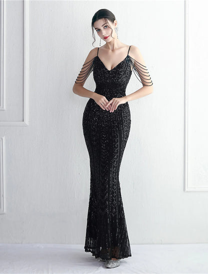 Mermaid / Trumpet Evening Gown Sparkle & Shine Dress Formal Wedding Guest Floor Length Short Sleeve Spaghetti Strap Polyester with Beading Sequin