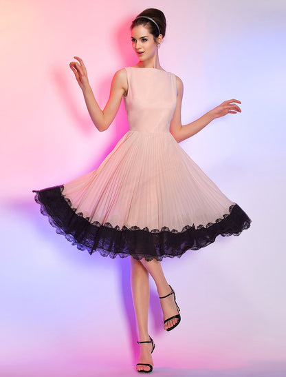 A-Line Cute Dress Homecoming Knee Length Sleeveless Boat Neck Pink Dress Chiffon with Lace Insert