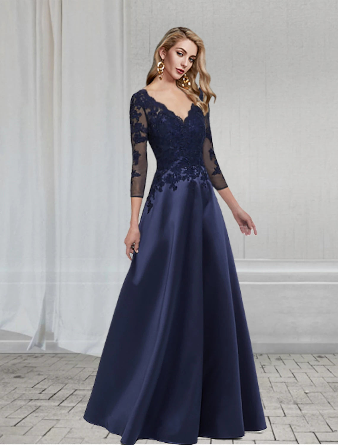 A-Line Elegant Wedding Guest Formal Evening Dress V Neck 3/4 Length Sleeve Floor Length Chiffon with Appliques