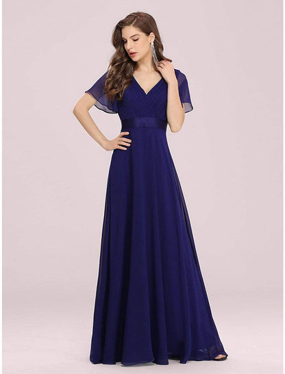 A-Line Evening Gown Empire Dress Wedding Guest Floor Length Short Sleeve V Neck Chiffon V Back with Ruffles Pure Color