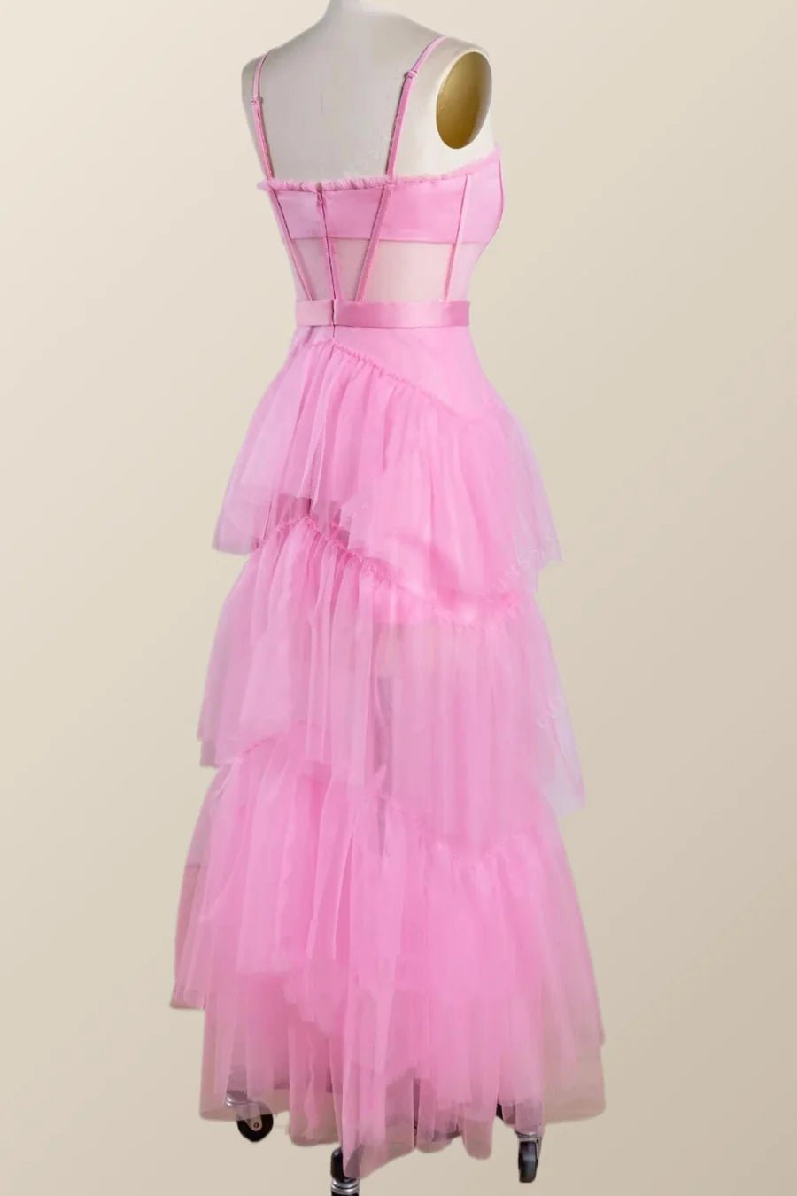 Pink Tulle Tiered Ruffle Prom Dress