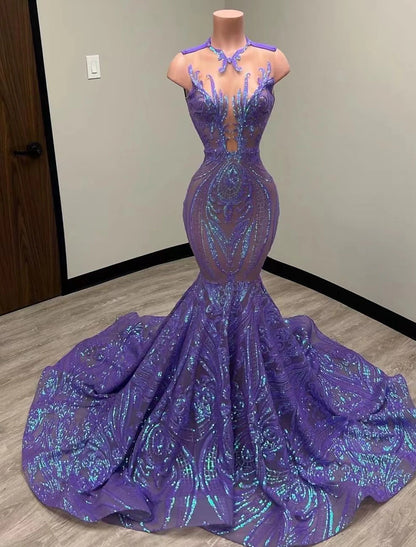 Mermaid / Trumpet Evening Gown Elegant Dress Formal Court Train Sleeveless Illusion Neck African American Sequined with Sequin